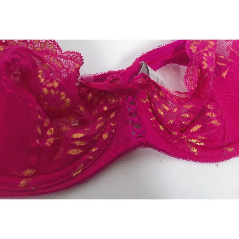 Victoria's Secret Y2K Coquette Pink Gold Crystal Lace Bra Set 36B Thong Large